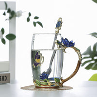 Hand Made Enamel daisy Flower Glass Coffee Mug Tea Cup Spoon Gift Idea Blue Kings Warehouse 