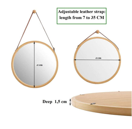 Hanging Round Wall Mirror 45 cm - Solid Bamboo Frame and Adjustable Leather Strap for Bathroom and Bedroom Home & Garden Kings Warehouse 