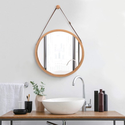 Hanging Round Wall Mirror 45 cm - Solid Bamboo Frame and Adjustable Leather Strap for Bathroom and Bedroom Home & Garden Kings Warehouse 