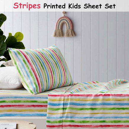 Happy Kids Multi Stripes Printed Microfibre Sheet Set Double Home & Garden Kings Warehouse 