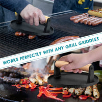 Heavy Duty Round Cast Iron Grill Burger Press Pre-Seasoned Steak Griddle BBQ Grilling Kings Warehouse 