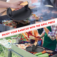 Heavy Duty Round Cast Iron Grill Burger Press Pre-Seasoned Steak Griddle BBQ Grilling Kings Warehouse 