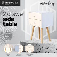 Home Master 2 Drawer Side Table Sleek Modern &amp; Stylish Neutral Design 61cm Kings Warehouse 