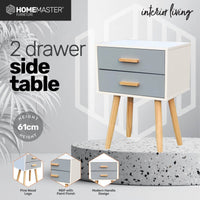 Home Master 2 Drawer Side Table Sleek Modern &amp; Stylish Neutral Design 61cm Kings Warehouse 