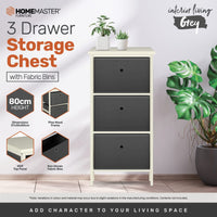 Home Master 3 Drawer Pine Wood Storage Chest Grey Fabric Baskets 37 x 80cm living room Kings Warehouse 