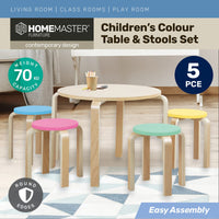 Home Master 5PCE Kids Wooden Table &amp; Coloured Stools Set Stackable Sturdy Kings Warehouse 