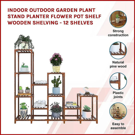 Indoor Outdoor Garden Plant Stand Planter Flower Pot Shelf Wooden Shelving - 12 Shelves Home & Garden Kings Warehouse 
