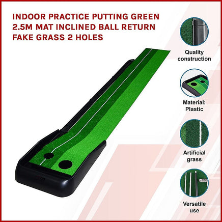 Indoor Practice Putting Green 2.5m Mat Inclined Ball Return Fake Grass 2 Holes Sports & Fitness Kings Warehouse 