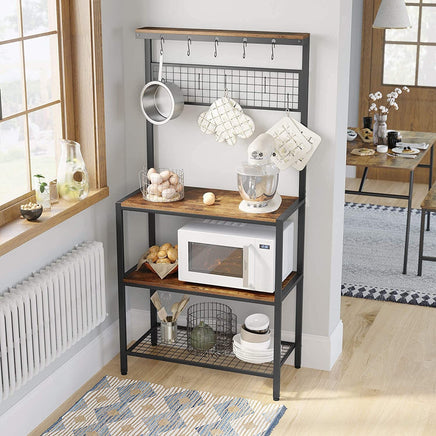 Industrial Kitchen Baker's Rack with Storage Shelves 10 Hooks and Metal Mesh Shelf 84 x 40 x 170 cm Rustic Brown Furniture Kings Warehouse 
