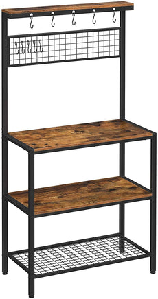 Industrial Kitchen Baker's Rack with Storage Shelves 10 Hooks and Metal Mesh Shelf 84 x 40 x 170 cm Rustic Brown Furniture Kings Warehouse 