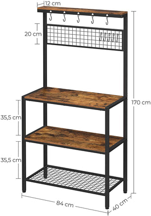 Industrial Kitchen Baker's Rack with Storage Shelves 10 Hooks and Metal Mesh Shelf 84 x 40 x 170 cm Rustic Brown Furniture Kings Warehouse 