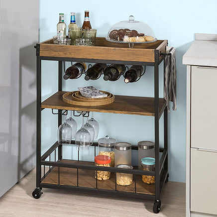 Industrial Vintage Style Wood Metal 3 Tiers Kitchen Serving Trolley with Wine Rack (Brown) Furniture Kings Warehouse 