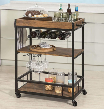 Industrial Vintage Style Wood Metal 3 Tiers Kitchen Serving Trolley with Wine Rack (Brown) Furniture Kings Warehouse 