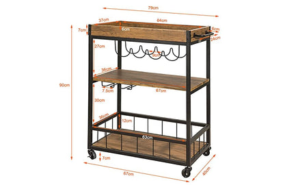 Industrial Vintage Style Wood Metal 3 Tiers Kitchen Serving Trolley with Wine Rack (Brown) Furniture Kings Warehouse 