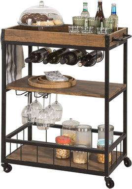 Industrial Vintage Style Wood Metal 3 Tiers Kitchen Serving Trolley with Wine Rack (Brown) Furniture Kings Warehouse