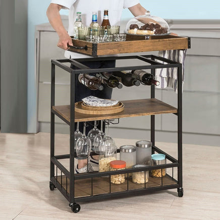 Industrial Vintage Style Wood Metal 3 Tiers Kitchen Serving Trolley with Wine Rack (Brown) Furniture Kings Warehouse 