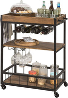 Industrial Vintage Style Wood Metal 3 Tiers Kitchen Serving Trolley with Wine Rack (Brown) Kings Warehouse 