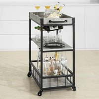 Industrial Vintage Style Wood Metal 3 Tiers Kitchen Serving Trolley with Wine Rack (Grey) Kings Warehouse 