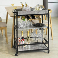 Industrial Vintage Style Wood Metal 3 Tiers Kitchen Serving Trolley with Wine Rack (Grey) Kings Warehouse 