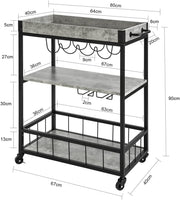 Industrial Vintage Style Wood Metal 3 Tiers Kitchen Serving Trolley with Wine Rack (Grey) Kings Warehouse 