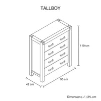 Tallboy with 4 Storage Drawers Assembled in Oak Colour Solid Wooden