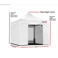 Instahut Gazebo Pop Up Marquee 3x3 Folding Wedding Tent Gazebos Shade White KingsWarehouse 
