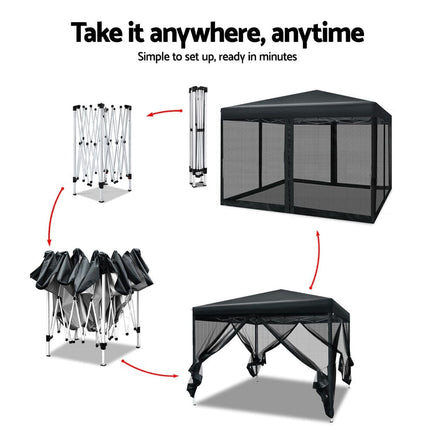 Instahut Gazebo Pop Up Marquee 3x3 Wedding Side Mesh Wall Outdoor Gazebos Black Kings Warehouse 