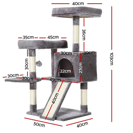 i.Pet Cat Tree 103cm Tower Scratching Post Scratcher Wood Condo House Trees Grey Pet Care Kings Warehouse 