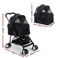 i.Pet Pet Stroller Dog Pram Cat Carrier Travel Large Pushchair Foldable 4 Wheels Black Pet Care Kings Warehouse 
