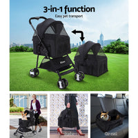 i.Pet Pet Stroller Dog Pram Cat Carrier Travel Large Pushchair Foldable 4 Wheels Black Pet Care Kings Warehouse 