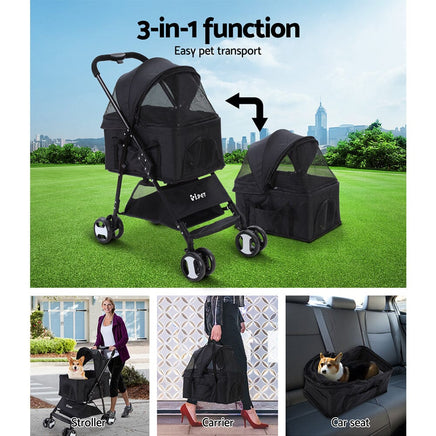 i.Pet Pet Stroller Dog Pram Cat Carrier Travel Large Pushchair Foldable 4 Wheels Black Pet Care Kings Warehouse 