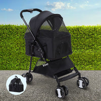 i.Pet Pet Stroller Dog Pram Cat Carrier Travel Large Pushchair Foldable 4 Wheels Black Pet Care Kings Warehouse 