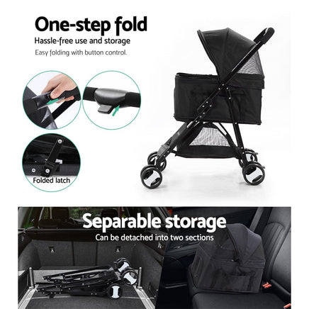 i.Pet Pet Stroller Dog Pram Cat Carrier Travel Large Pushchair Foldable 4 Wheels Black Pet Care Kings Warehouse 