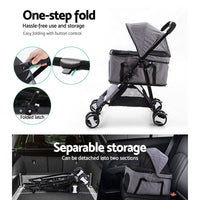 i.Pet Pet Stroller Dog Pram Cat Carrier Travel Large Pushchair Foldable 4 Wheels Grey Pet Care Kings Warehouse 