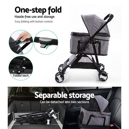 i.Pet Pet Stroller Dog Pram Cat Carrier Travel Large Pushchair Foldable 4 Wheels Grey Pet Care Kings Warehouse 