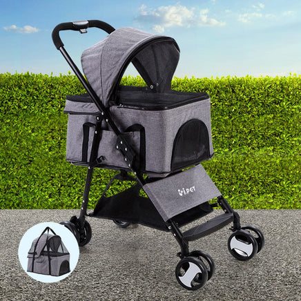 i.Pet Pet Stroller Dog Pram Cat Carrier Travel Large Pushchair Foldable 4 Wheels Grey Pet Care Kings Warehouse 