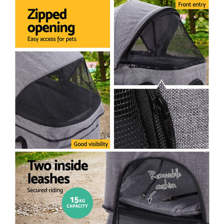 i.Pet Pet Stroller Dog Pram Cat Carrier Travel Large Pushchair Foldable 4 Wheels Grey Pet Care Kings Warehouse 