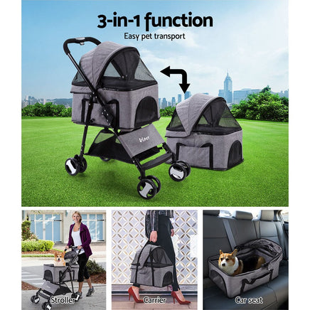 i.Pet Pet Stroller Dog Pram Cat Carrier Travel Large Pushchair Foldable 4 Wheels Grey Pet Care Kings Warehouse 