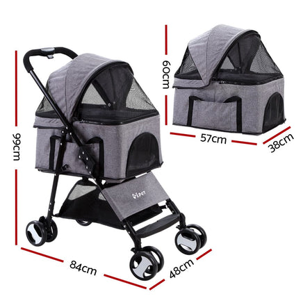 i.Pet Pet Stroller Dog Pram Cat Carrier Travel Large Pushchair Foldable 4 Wheels Grey Pet Care Kings Warehouse 