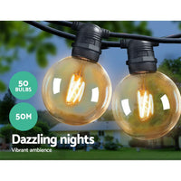 Jingle Jollys 50m LED Festoon String Lights 50 Bulbs Kits Wedding Party Christmas G80 Occasions Kings Warehouse 