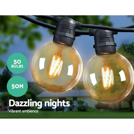 Jingle Jollys 50m LED Festoon String Lights 50 Bulbs Kits Wedding Party Christmas G80 Occasions Kings Warehouse 