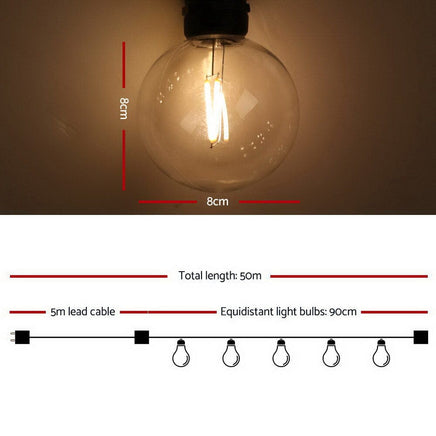 Jingle Jollys 50m LED Festoon String Lights 50 Bulbs Kits Wedding Party Christmas G80 Occasions Kings Warehouse 