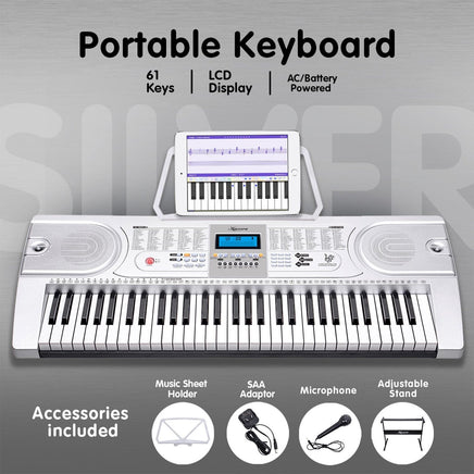 Karrera 61 Keys Electronic Keyboard Teaching Piano with Electric Stand in Silver CHJ-61 Audio & Video Kings Warehouse 
