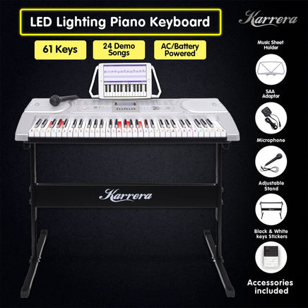 Karrera 61 Keys Electronic LED Keyboard Piano with Stand - Silver Audio & Video Kings Warehouse 