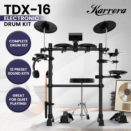 Karrera TDX-16 Electronic Drum Kit with LCD, Toms, Snares Quiet Mesh Pads & Pedals, Adjustable Stool, Headphones Audio & Video Kings Warehouse 