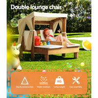Keezi Kids Outdoor Double Wooden Lounge Chair with Canopy Chaise Cup Holders Kings Warehouse 