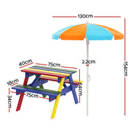Keezi Kids Outdoor Table and Chairs Picnic Bench Seat Umbrella Colourful Wooden Toy Overstock Sale Kings Warehouse 