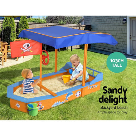 Keezi Kids Sandpit Wooden Boat Sand Pit with Canopy Bench Seat Beach Toys 150cm Baby & Kids Kings Warehouse 