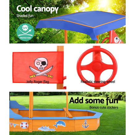 Keezi Kids Sandpit Wooden Boat Sand Pit with Canopy Bench Seat Beach Toys 150cm Baby & Kids Kings Warehouse 