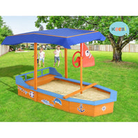 Keezi Kids Sandpit Wooden Boat Sand Pit with Canopy Bench Seat Beach Toys 150cm Baby & Kids Kings Warehouse 